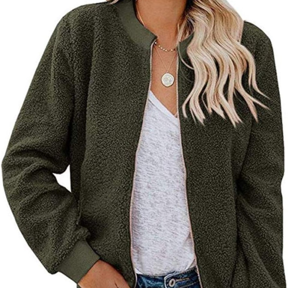 Womens Mirol Sherpa Fleece bomber Faux Fuzzy Size Large Army Green   Jacket‎